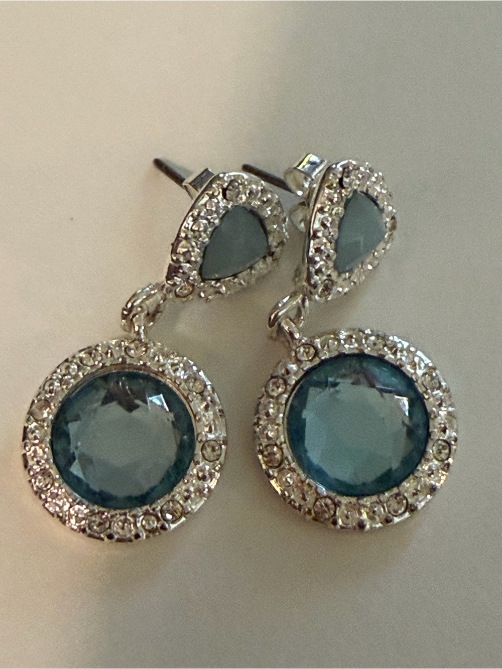 Silver Drop Earrings with Light Blue Crystal and Clear Halo